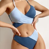 New Solid Color Matching Thick Pit Strips Cross Straps High Waist Bikini Swimwear main image 4