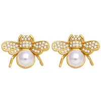 Simple Bee Butterfly Pearl Copper Inlaid Zircon 18k Gold-plated Earrings main image 2