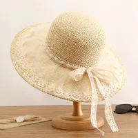Simple Straw Hat Lace Bows Hat Female Sunshade French Ladies Top Hat sku image 1