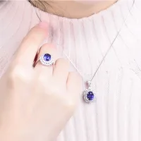 Jewelry Set Geometric Bracelet Tanzanite Petal Ring Blue Crystal Pendant Four Claw Earrings main image 4
