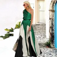 Stitching Single-shoulder Sleeveless Large Swing Long Contrast Color Dress main image 2