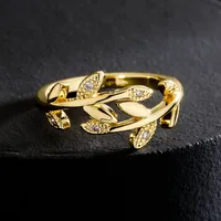 Fashion Copper 18k Gold Zircon Leaf Geometric Shape Open Ring Female main image 4