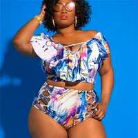 New Large Size High Waist Contrast Color Printing Bikini One-shoulder Swimsuit main image 2