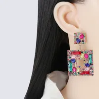 New Geometric Color Diamond Square Hollow Pendant Earrings main image 3