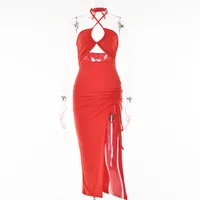Fashion Sexy Chest Split Long Skirt Spring New Hollow Back Halter Dress sku image 6