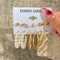 Europe And America Cross Border New Love Heart Earrings 6-piece Set Creative Pearl Diamond Gold Round Ring Earrings Set Earring sku image 1