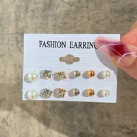 Europe And America Cross Border New Love Heart Earrings 6-piece Set Creative Pearl Diamond Gold Round Ring Earrings Set Earring sku image 2