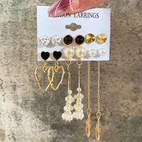 Europe And America Cross Border New Love Heart Earrings 6-piece Set Creative Pearl Diamond Gold Round Ring Earrings Set Earring sku image 21
