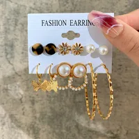 Europe And America Cross Border New Love Heart Earrings 6-piece Set Creative Pearl Diamond Gold Round Ring Earrings Set Earring sku image 11