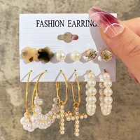 Europe And America Cross Border New Love Heart Earrings 6-piece Set Creative Pearl Diamond Gold Round Ring Earrings Set Earring sku image 18