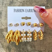 Europe And America Cross Border New Love Heart Earrings 6-piece Set Creative Pearl Diamond Gold Round Ring Earrings Set Earring sku image 17