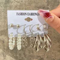 Europe And America Cross Border New Love Heart Earrings 6-piece Set Creative Pearl Diamond Gold Round Ring Earrings Set Earring sku image 15