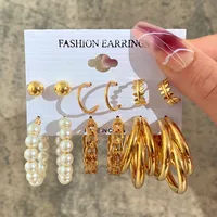 Europe And America Cross Border New Love Heart Earrings 6-piece Set Creative Pearl Diamond Gold Round Ring Earrings Set Earring sku image 14