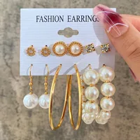 Europe And America Cross Border New Love Heart Earrings 6-piece Set Creative Pearl Diamond Gold Round Ring Earrings Set Earring sku image 20