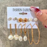 Europe And America Cross Border New Love Heart Earrings 6-piece Set Creative Pearl Diamond Gold Round Ring Earrings Set Earring sku image 9