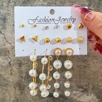 Europe And America Cross Border New Love Heart Earrings 6-piece Set Creative Pearl Diamond Gold Round Ring Earrings Set Earring sku image 16