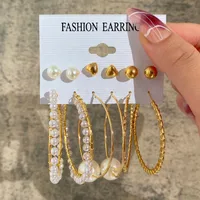 Europe And America Cross Border New Love Heart Earrings 6-piece Set Creative Pearl Diamond Gold Round Ring Earrings Set Earring sku image 13