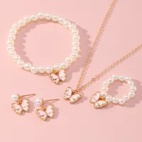 New Butterfly Pendant Pearl Bracelet Children's Ring Earrings Jewelry Set Wholesale sku image 2