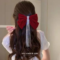 Women's Sweet Bow Knot Cloth Tassel Rhinestones Hair Clip main image 3