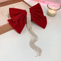 Women's Sweet Bow Knot Cloth Tassel Rhinestones Hair Clip sku image 3