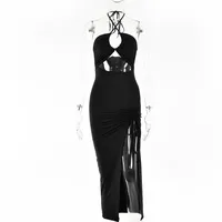 Fashion Sexy Chest Split Long Skirt Spring New Hollow Back Halter Dress sku image 1