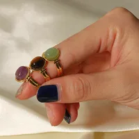 Wholesale Jewelry Fashion Geometric 304 Stainless Steel Artificial Gemstones Gold Plated Open Ring main image 2