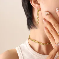 Wholesale Jewelry Retro Geometric 304 Stainless Steel Zircon 18K Gold Plated Bracelets Earrings Necklace sku image 12