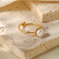 Wholesale Jewelry Retro Geometric 304 Stainless Steel Artificial Pearls Inlay Open Ring main image 2