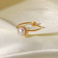 Wholesale Jewelry Retro Geometric 304 Stainless Steel Artificial Pearls Inlay Open Ring main image 5