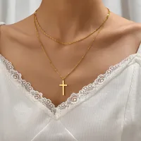 Wholesale Jewelry Simple Style Geometric Cross 304 Stainless Steel Titanium Steel 18K Gold Plated Layered Plating Double Layer Necklaces main image 2