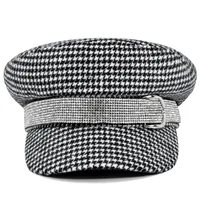 Women's Basic Retro Houndstooth Rhinestone Chain Curved Eaves Military Hat main image 2