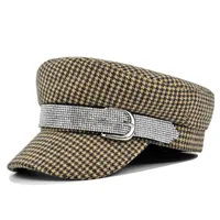 Women's Basic Retro Houndstooth Rhinestone Chain Curved Eaves Military Hat sku image 2