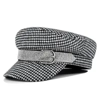 Women's Basic Retro Houndstooth Rhinestone Chain Curved Eaves Military Hat main image 1