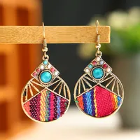 Retro Hollow Geometric Contrast Color Inlaid Rhinestone Fabric Owl Earrings sku image 17