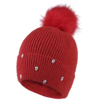 Women's Cute Sweet Solid Color Pom Poms Rhinestone Eaveless Wool Cap main image 2