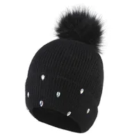 Women's Cute Sweet Solid Color Pom Poms Rhinestone Eaveless Wool Cap main image 4