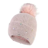 Women's Cute Sweet Solid Color Pom Poms Rhinestone Eaveless Wool Cap main image 3