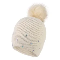Women's Cute Sweet Solid Color Pom Poms Rhinestone Eaveless Wool Cap main image 5
