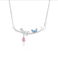 925 Sterling Silver Artificial Gemstones Cable Chain Inlay Bow Knot Pendant Necklace main image 3
