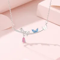 925 Sterling Silver Artificial Gemstones Cable Chain Inlay Bow Knot Pendant Necklace main image 1