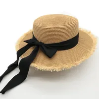 Women's Cute Sweet Color Block Bowknot Wide Eaves Straw Hat sku image 2