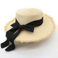 Women's Cute Sweet Color Block Bowknot Wide Eaves Straw Hat sku image 5