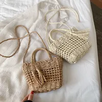 Women's Small Spring&summer Straw Solid Color Vacation Bucket String Straw Bag main image 4