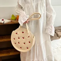 Women's Medium Summer Straw Cherry Fruit Fashion Round Magnetic Buckle Shoulder Bag main image 2