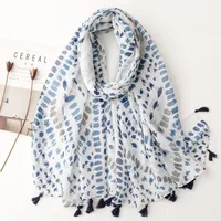 Bali Yarn Cotton Fruit Green Bright Yellow Leaf Printing Tassel Scarf Shawl sku image 28