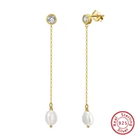 1 Pair 925 Sterling Silver Freshwater Pearl Zircon Geometric Drop Earrings main image 1