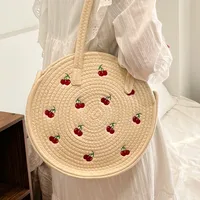 Women's Medium Summer Straw Cherry Fruit Fashion Round Magnetic Buckle Shoulder Bag main image 1
