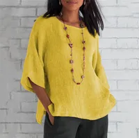 Same Day Delivery Wisheaby  New Foreign Trade Women's Seven-point Sleeve Round Neck Cotton And Linen Shirt Top main image 3
