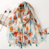 Bali Yarn Cotton Fruit Green Bright Yellow Leaf Printing Tassel Scarf Shawl sku image 29