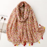Bali Yarn Cotton Fruit Green Bright Yellow Leaf Printing Tassel Scarf Shawl sku image 32